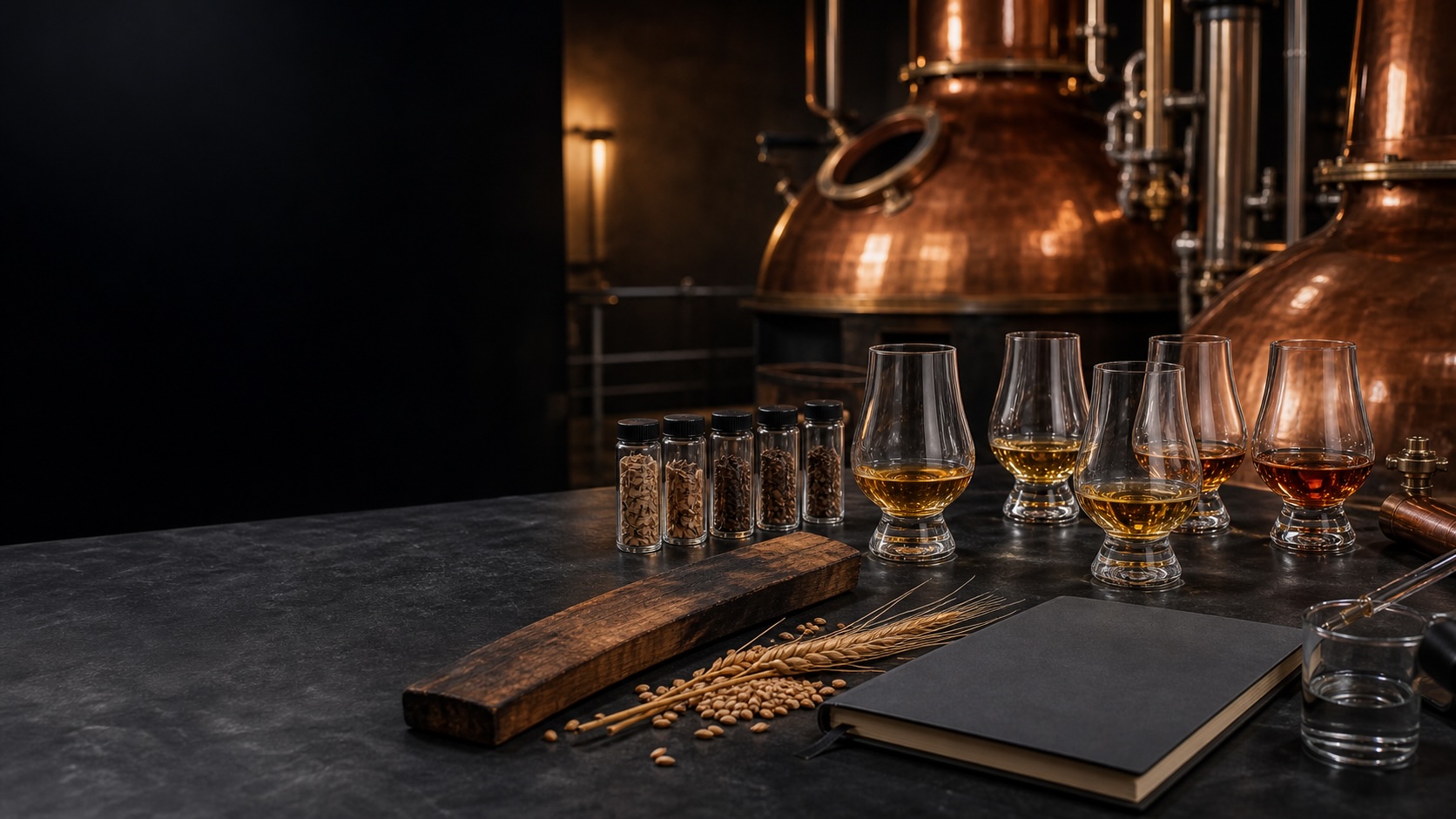 Advanced whisky production and sensory analysis setup with copper stills, aroma samples and whisky glasses