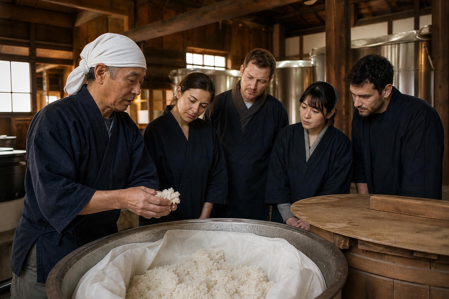 A Toji guiding sake professionals through hands-on production inside a traditional Japanese brewery
