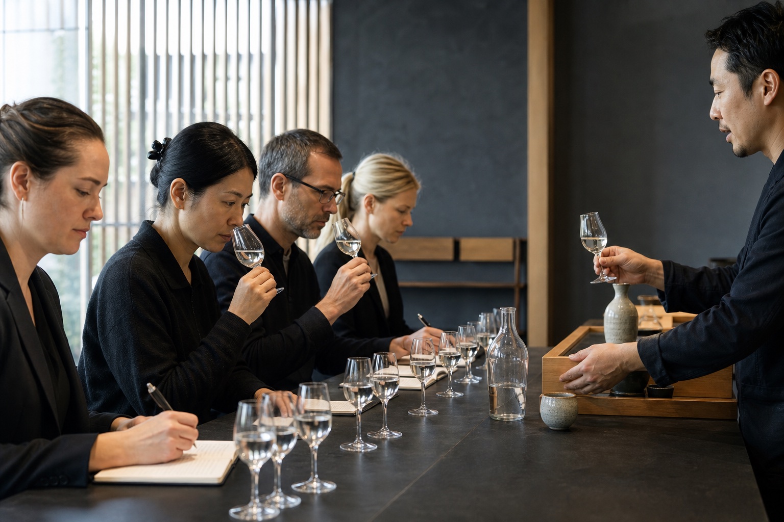 Hospitality professionals taking part in a guided sake tasting lesson
