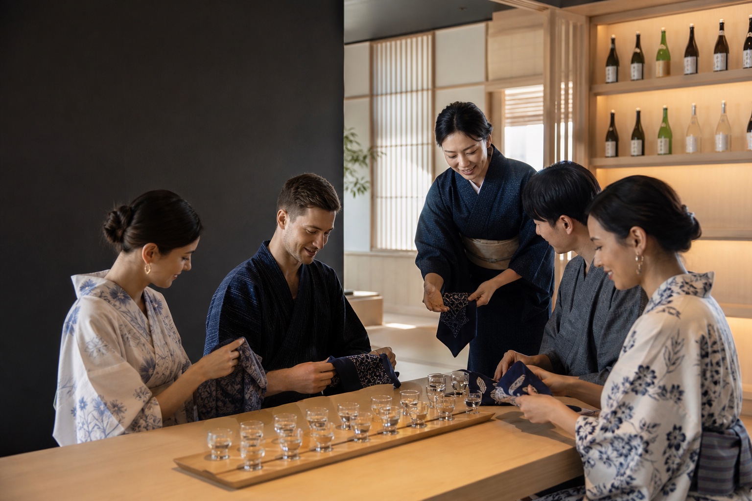 Adults learning sake tasting and furoshiki techniques in traditional-style yukata