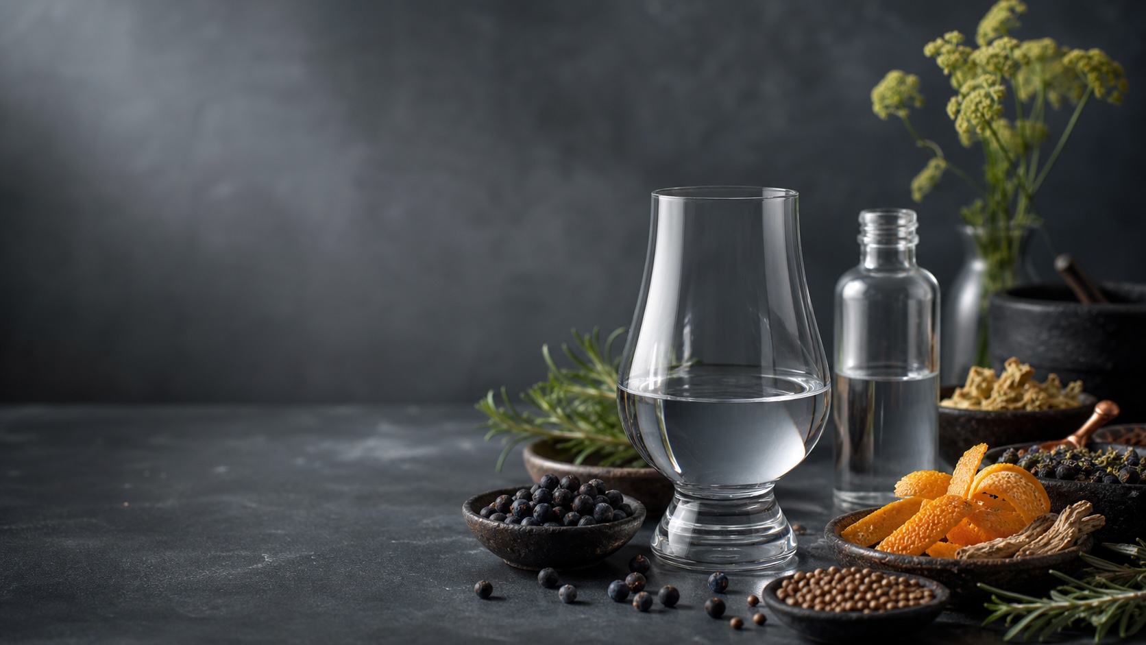 Clear gin tasting glass with juniper berries, citrus peel and botanicals