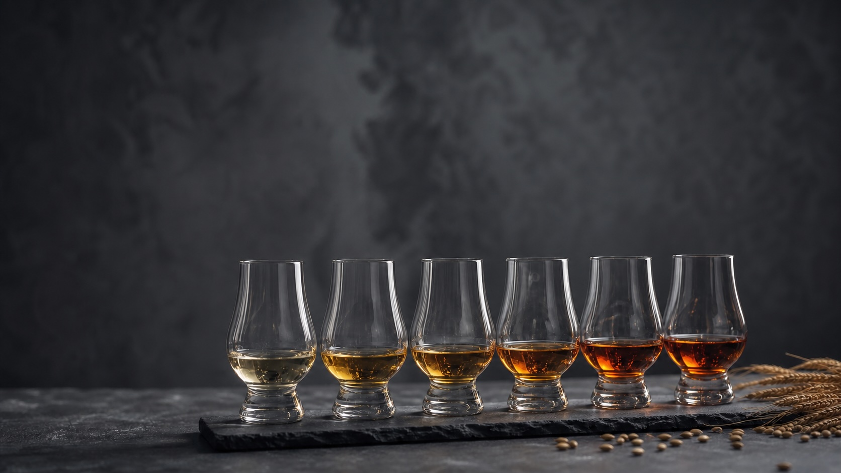 Six Scotch whisky tasting glasses arranged from pale gold to deep amber